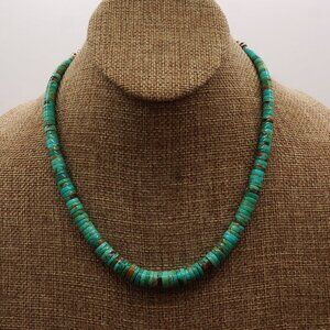 Mid Century Vintage Heishi Green Turqoise Graduated Necklace Silver Beads 17.5"